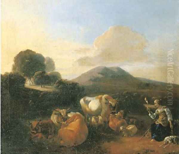 An Italianate landscape with shepherds with goats, sheep and cattle resting by a river Oil Painting by Willem Romeyn