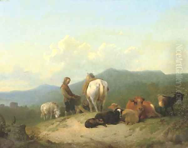 Herdsmen with their cattle on a hilltop Oil Painting by James De Rijk