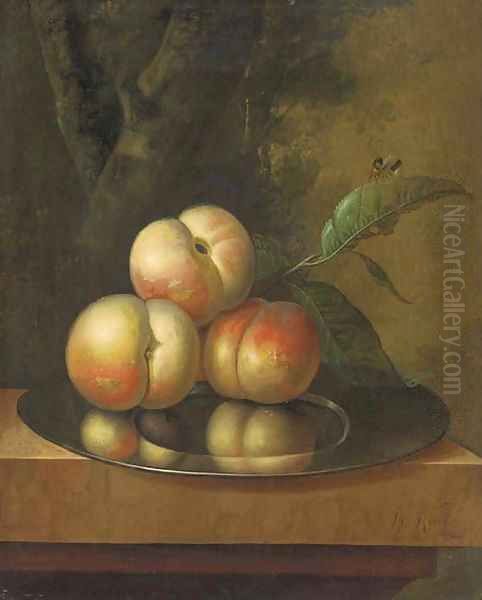 Peaches and a bee on a pewter platter Oil Painting by Johan Christiaan Roedig