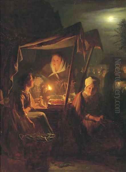 Nocturne selling berries on the evening market Oil Painting by Johannes Rosierse