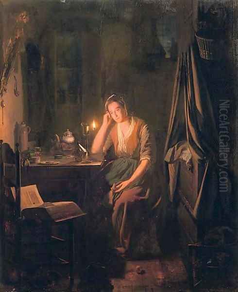 A seated lady by candlelight Oil Painting by Johannes Rosierse