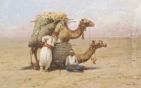 Two Arabs resting with their camels Oil Painting by Pasquale Ruggiero