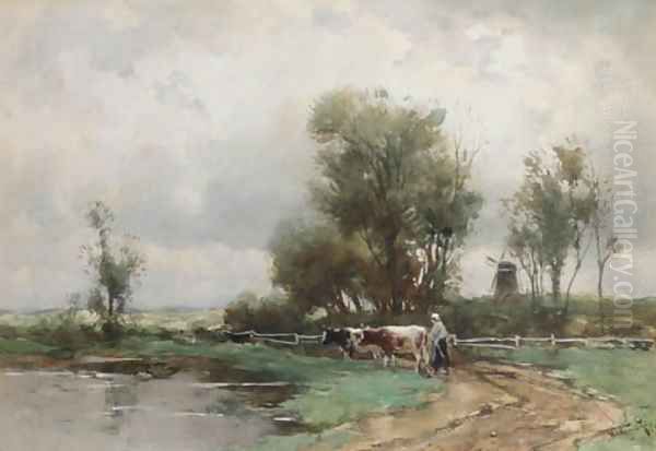 A cowherdess watering cows Oil Painting by Willem Cornelis Rip