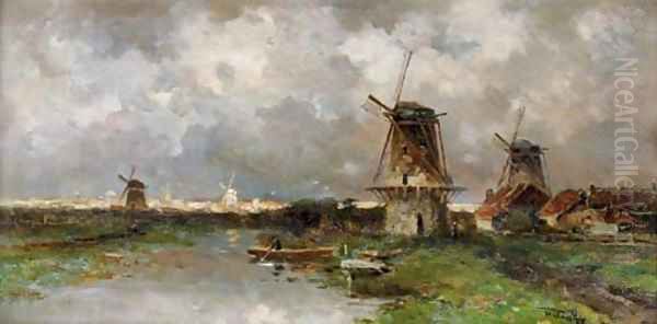 Opkomend onweder windmills along a river Oil Painting by Willem Cornelis Rip