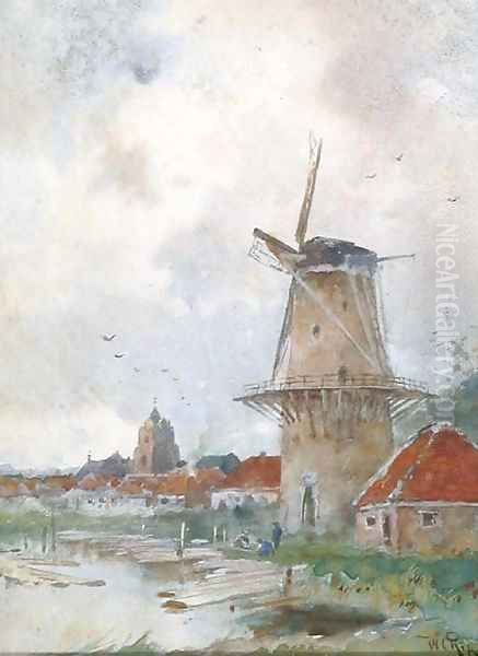 Windmill on the edge of a village Oil Painting by Willem Cornelis Rip