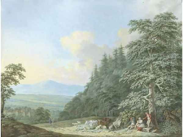 Cowherds resting on the edge of a wood, a mountainous landscape beyond Oil Painting by Franz Ferdinand Richter