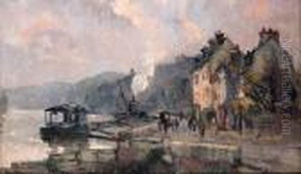 Figures By A Harbour Oil Painting by Robert Antoine Pinchon