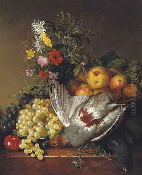 Poultry, fruit and flowers on a ledge Oil Painting by Johannes Reekers