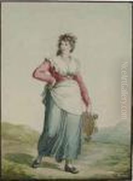 Two Costume Studies: A Woman From Trastevere Carrying A Tambourine Oil Painting by Bartolomeo Pinelli