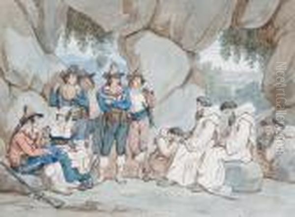 Frati Rapiti Dai Briganti Nel 1821, E Trasportati Dentro Una Grotta Per Ri... Denaro Oil Painting by Bartolomeo Pinelli