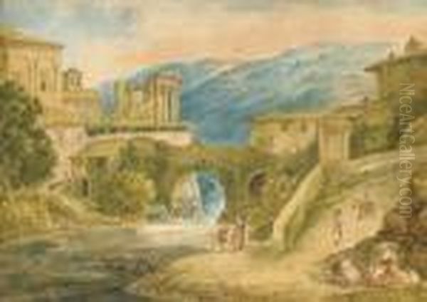 Tivoli With The Temple Of Vesta, Figures In The Foreground Oil Painting by Bartolomeo Pinelli