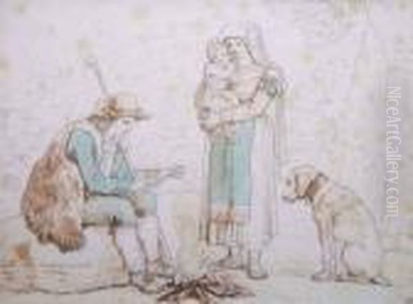 Junge Familie Mit Hund Bei Einem
 Lagerfeuer (ciociari Accando Il Fucco); Familie Mit Dem Kind Im Freien Oil Painting by Bartolomeo Pinelli