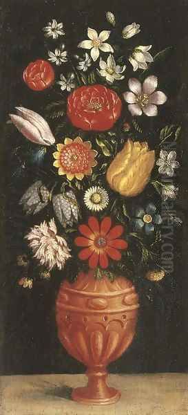 Tulips, roses, carnations and other flowers in a vase on a stone ledge Oil Painting by Ludger Tom The Younger Ring