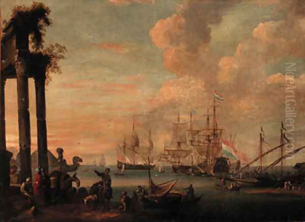 Dutch men-o'-war and other shipping moored in a calm beyond Oil Painting by Nicolaes Ryckx