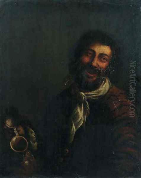 A Kannekijker A boor, half length, showing an empty jug Oil Painting by Theodoor Rombouts