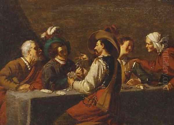 A soldier and others playing cards and drinking in a tavern interior Oil Painting by Theodoor Rombouts