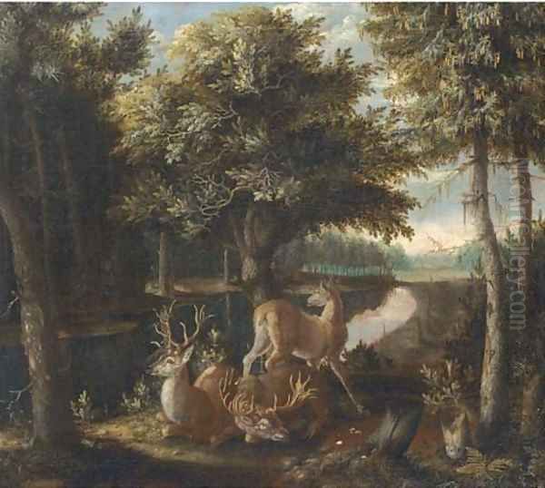 A wooded landscape with two stags and a deer in a clearing by a river Oil Painting by Franz Rosen Von Rosenhoff