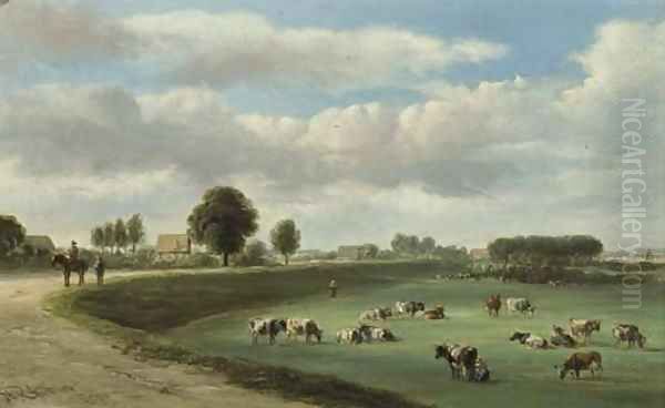 A panoramic view of a river landscape with cows in the forelands Oil Painting by Jan Van Ravenswaay