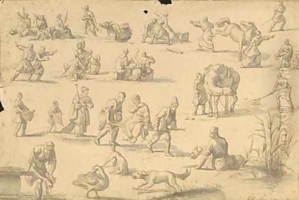 Studies of orientals spinning wool, smoking, horse coping, fishing, washing and in other postures Oil Painting by Jan Van Ravenswaay