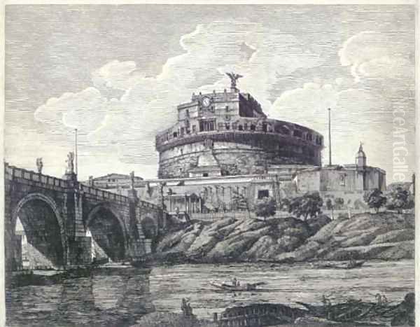 Veduta della Gran Mole Adriana, e Ponte Elio in oggi Ponte e Castel St Angelo Oil Painting by Luigi Rossini