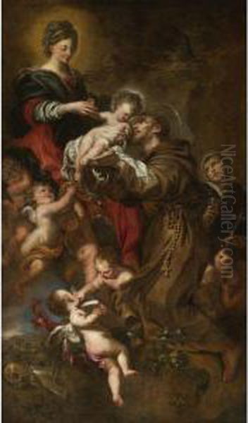 Madonna And Child Adored By Saint Francis Of Assisi Oil Painting by Domenico Piola