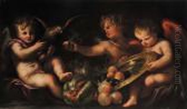 Putti Confrutta E Pappagallo Oil Painting by Domenico Piola