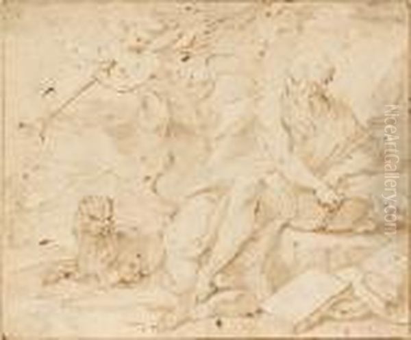 Recto : Saint Jerome Dans Le 
Desert Verso: Etude A La Plume Du Meme Personnage Plume Et Encre Brune Oil Painting by Domenico Piola