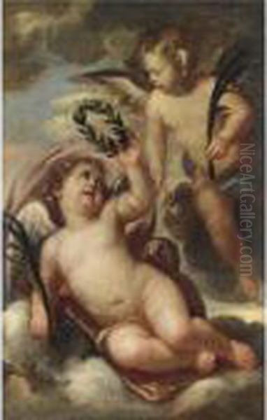 Due Putti Recanti Foglie Di Palma E Una Corona D'alloro Oil Painting by Domenico Piola