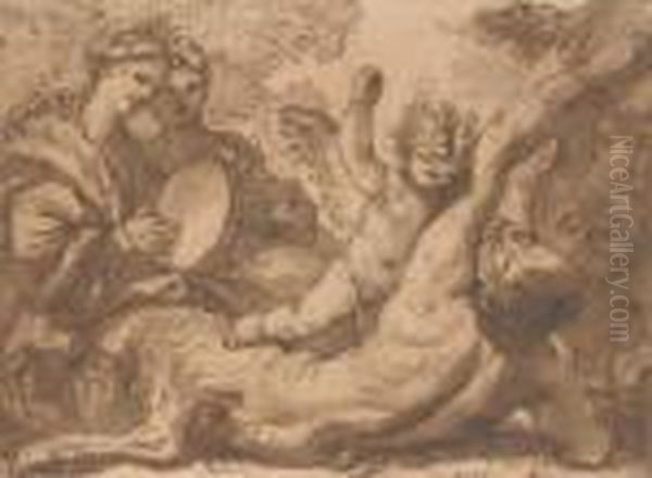 A Putto Striking A Satyr Bound To A Tree, Two Women Playing Atambourine On The Left Oil Painting by Domenico Piola