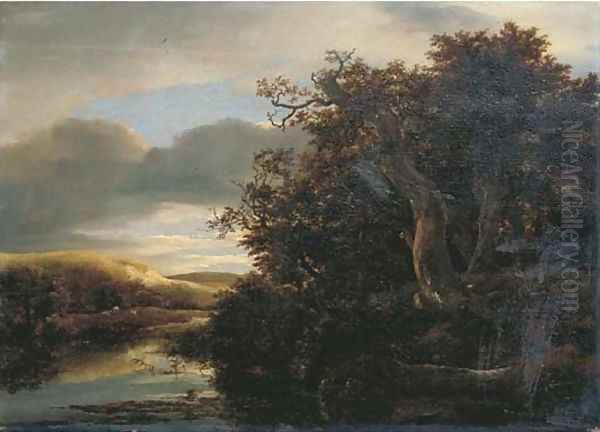 A wooded river landscape with travellers on a path Oil Painting by Isaak van Ruisdael