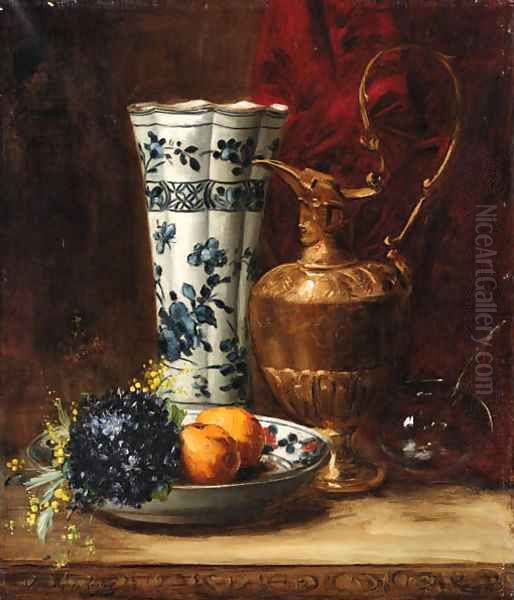 A bowl of oranges and violets with a ewer and a vase Oil Painting by Dominique-Hubert Rozier