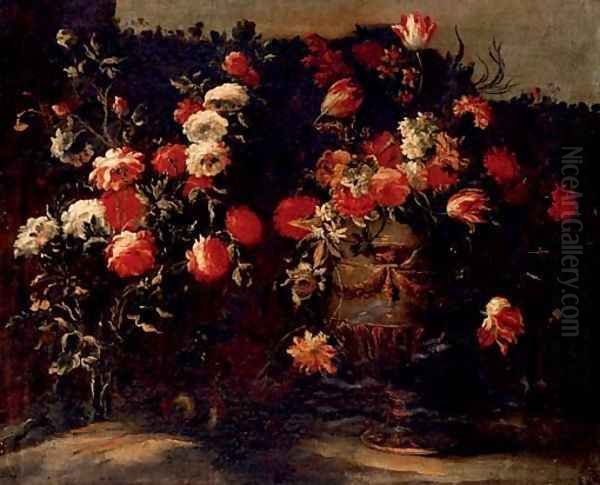 Tulips, roses, daffodils and other flowers in an urn, on a stone Oil Painting by Elisabetta Marchioni Active Rovigo