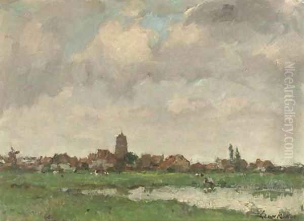 View of a village by a meadow Oil Painting by Leon Riket