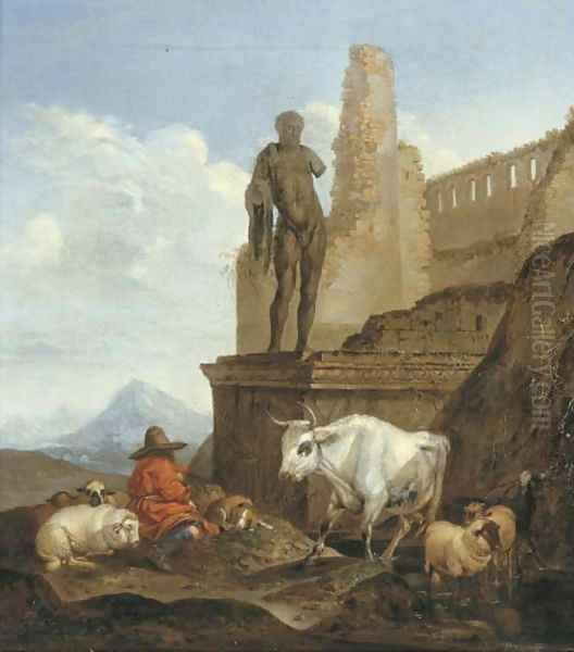 An Italianate landscape with a shepherd resting with cattle near a ruin Oil Painting by Theodor Roos