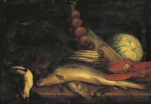 A lobster, cod, cabbage, onions, asparagus, a pheasant, wine and an upturned basket of oysters on a table Oil Painting by Elena Recco