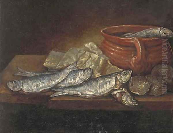 Herrings, oysters and an earthenware dish on a ledge Oil Painting by Elena Recco