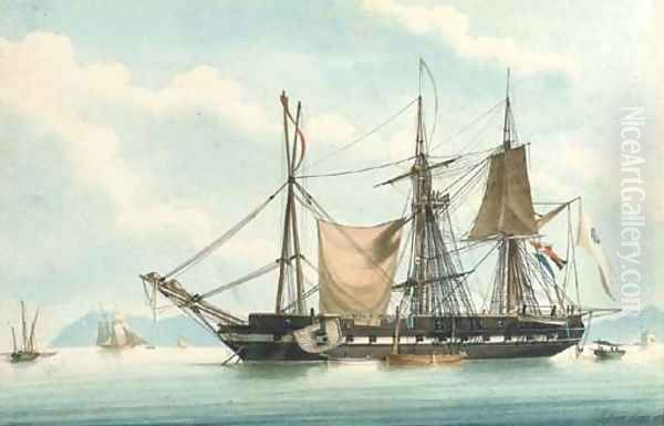 A frigate at anchor in a bay, undergoing an extensive refit Oil Painting by Francois-Joseph-Frederic Roux