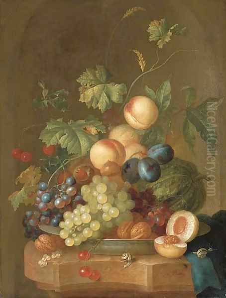 Grapes, cherries, plums, peaches, walnuts and a melon in a porcelain bowl Oil Painting by Johan Christian Roedig