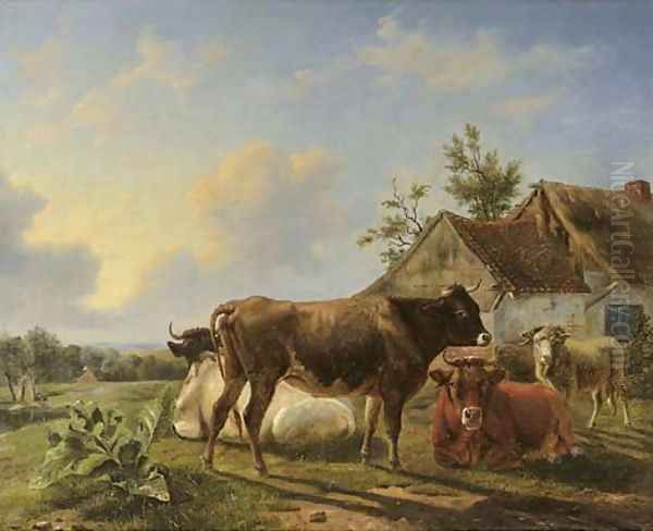 Cattle in a meadow by a farm Oil Painting by Louis Marie Dominique Romain Robbe