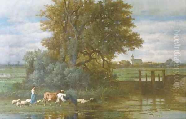 A country idylle Oil Painting by Louis Marie Dominique Romain Robbe