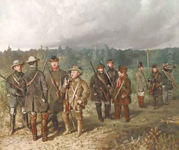 Hunting party of German junkers Oil Painting by Ludwig Ferdinand Von Rayski