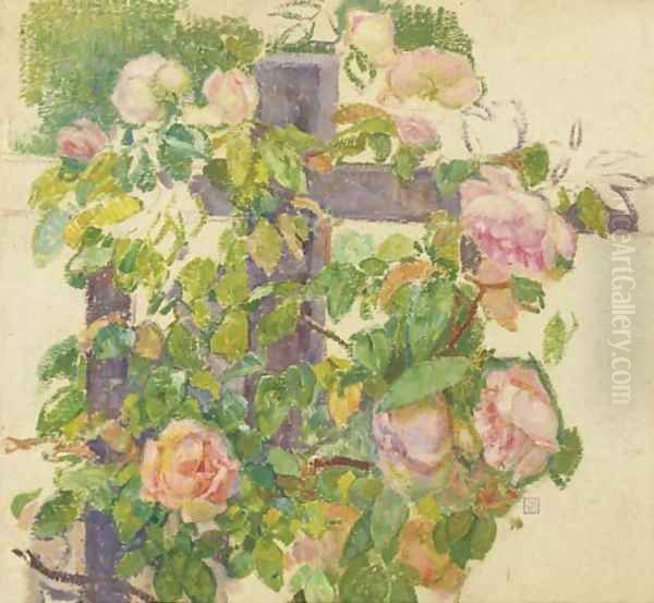 Pink roses over a fence Oil Painting by Theo Van Rijsselberghe