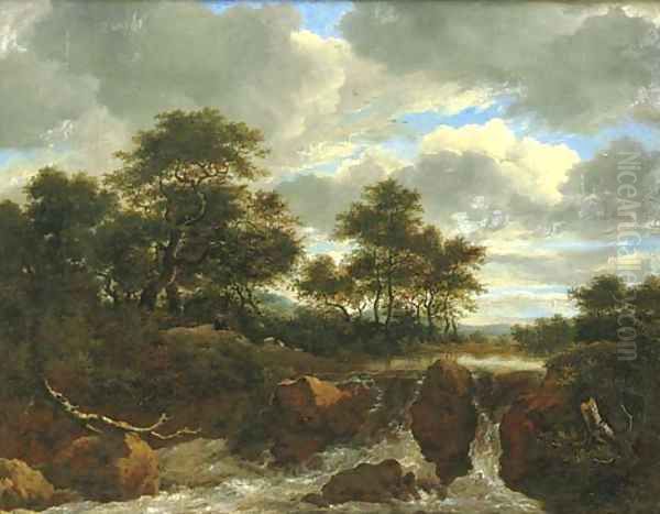 A wooded river landscape with a waterfall 2 Oil Painting by Jacob Van Ruisdael