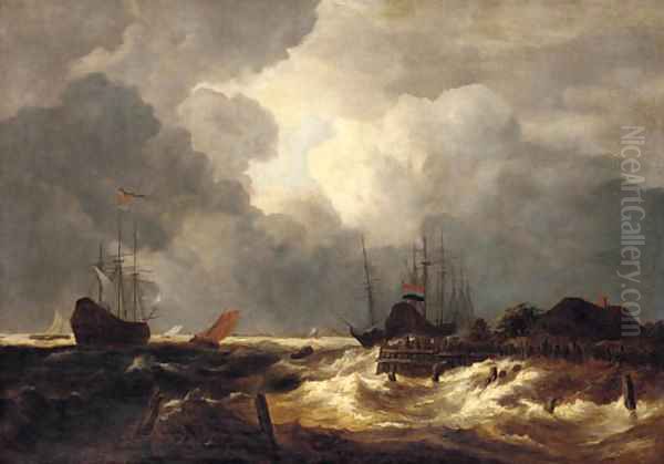 A stormy river estuary with ships Oil Painting by Jacob Van Ruisdael