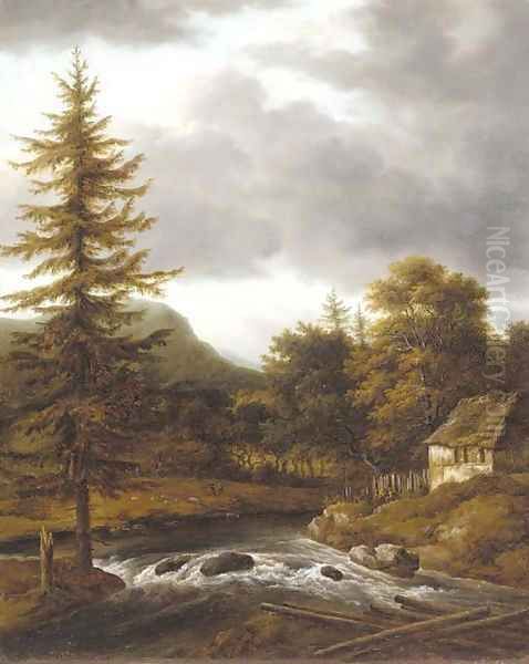 A wooded landscape with a riverside cottage Oil Painting by Jacob Van Ruisdael