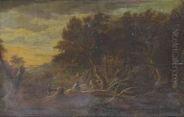 A wooded river landscape with anglers in the foreground Oil Painting by Jacob Van Ruisdael