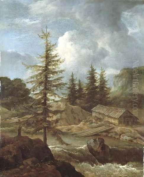 A wooded river landscape with peasants by a woodshed Oil Painting by Jacob Van Ruisdael