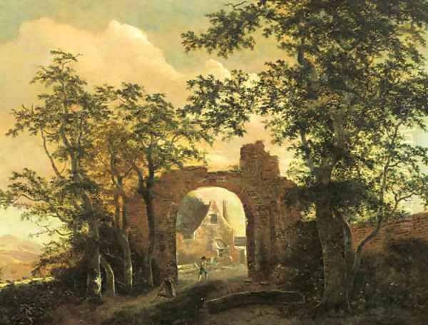 Travellers by the gate of a ruined country mansion Oil Painting by Jacob Van Ruisdael