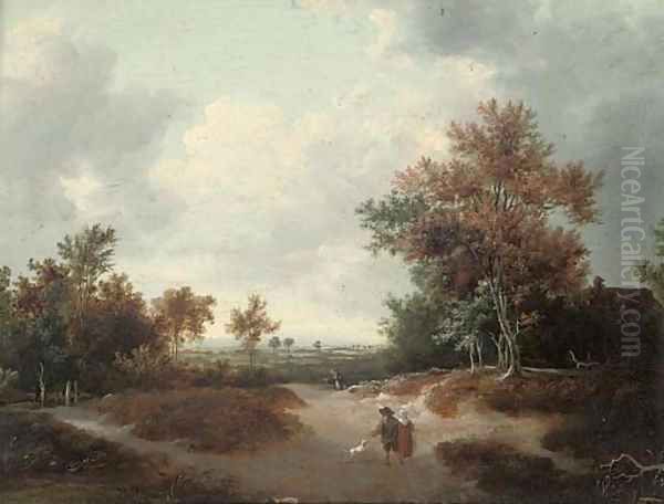 A wooded landscape with a peasant couple on a track Oil Painting by Jacob Van Ruisdael