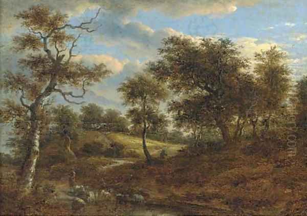 A wooded landscape with a shepherd driving his flock Oil Painting by Jacob Van Ruisdael